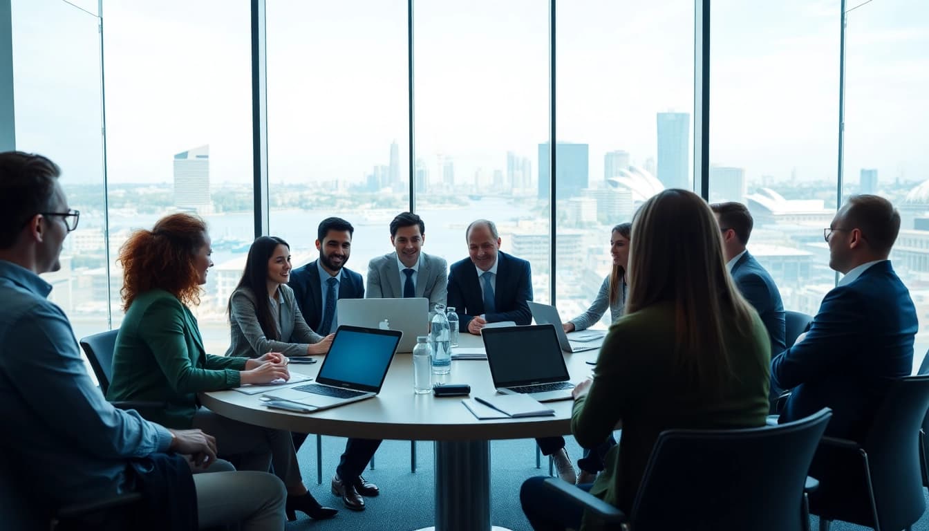 Engaged professionals in a business setting discussing strategies related to Australia.