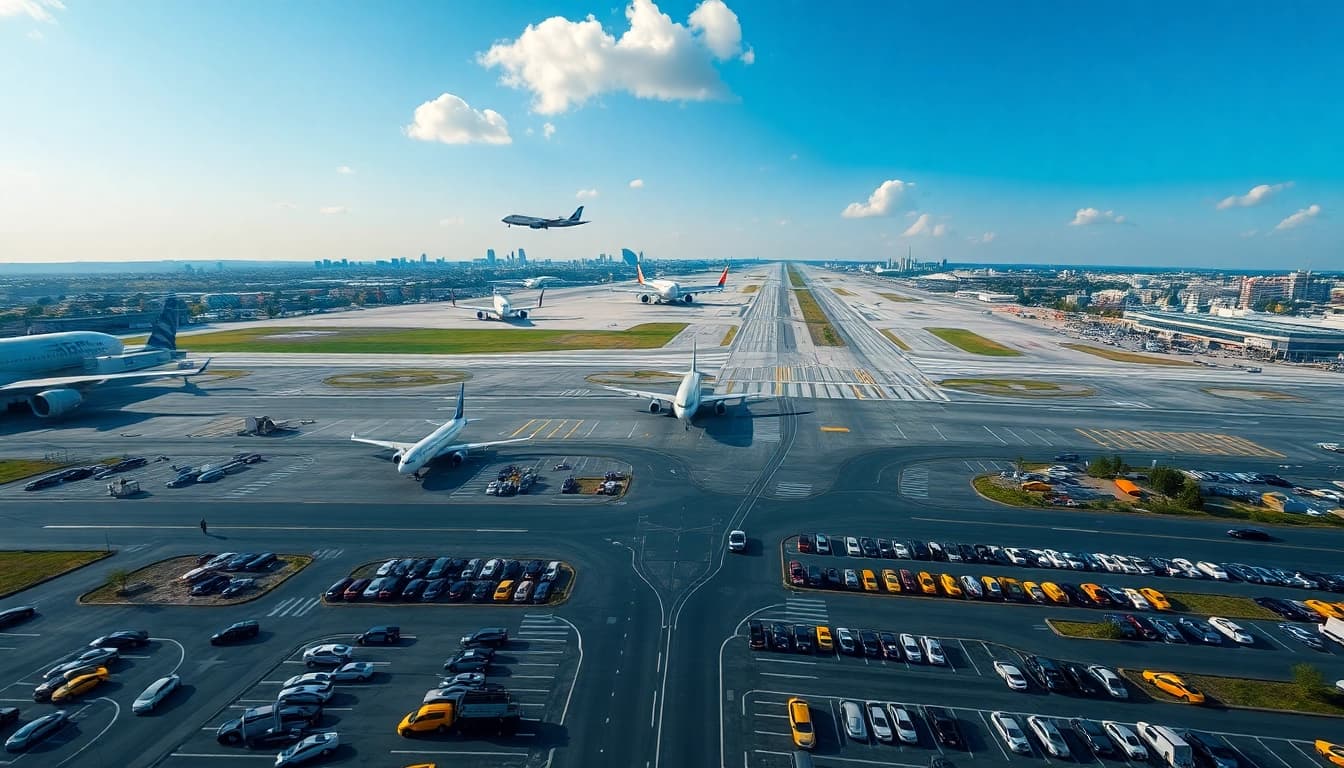 Dynamic aerial view of City airport showcasing airplanes and bustling runways.