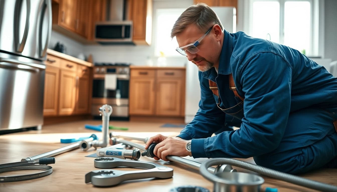 Find a reliable plumber near me fixing pipes in a modern kitchen.