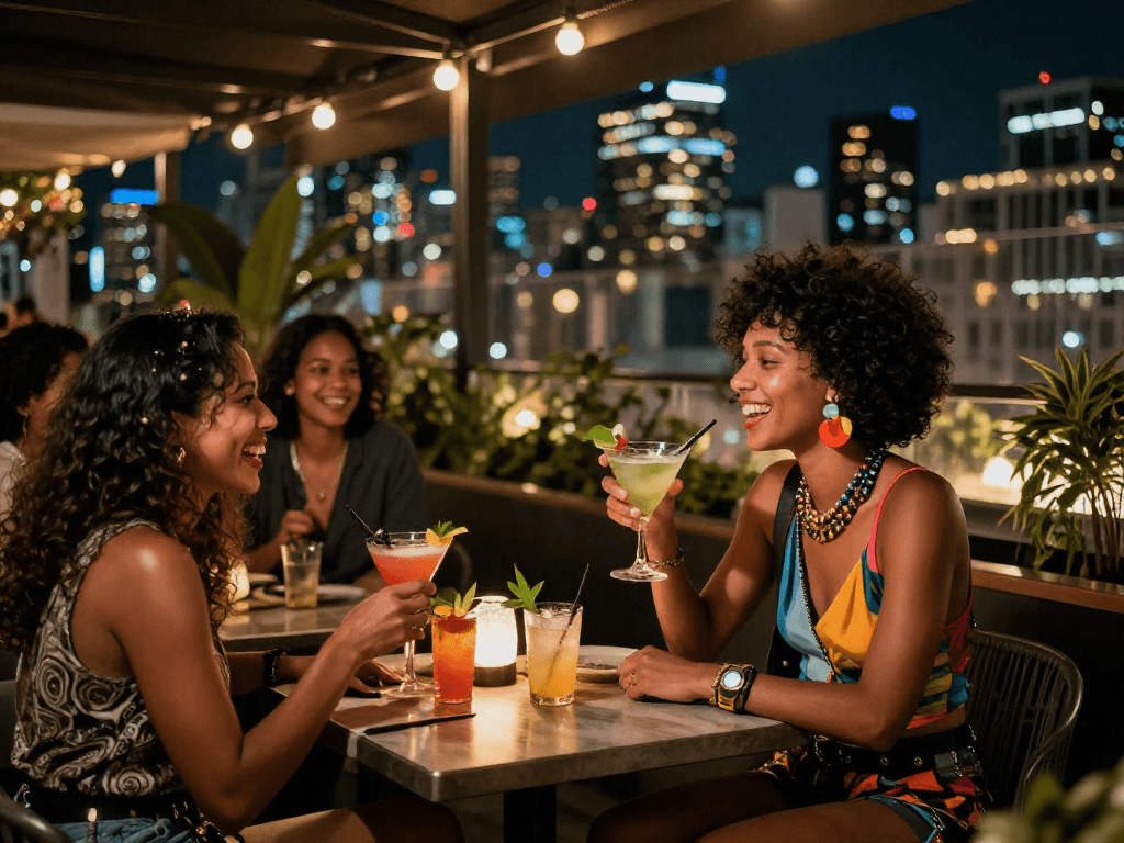 Social nightlife scene featuring cocktails and friends, exploring nsfw urban experiences.