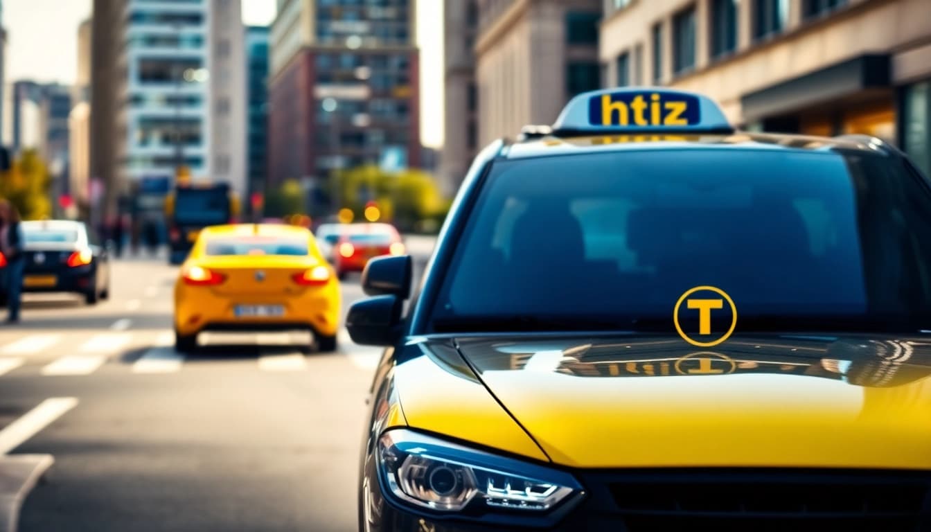 Efficient minicabs ready for service in a vibrant urban environment.