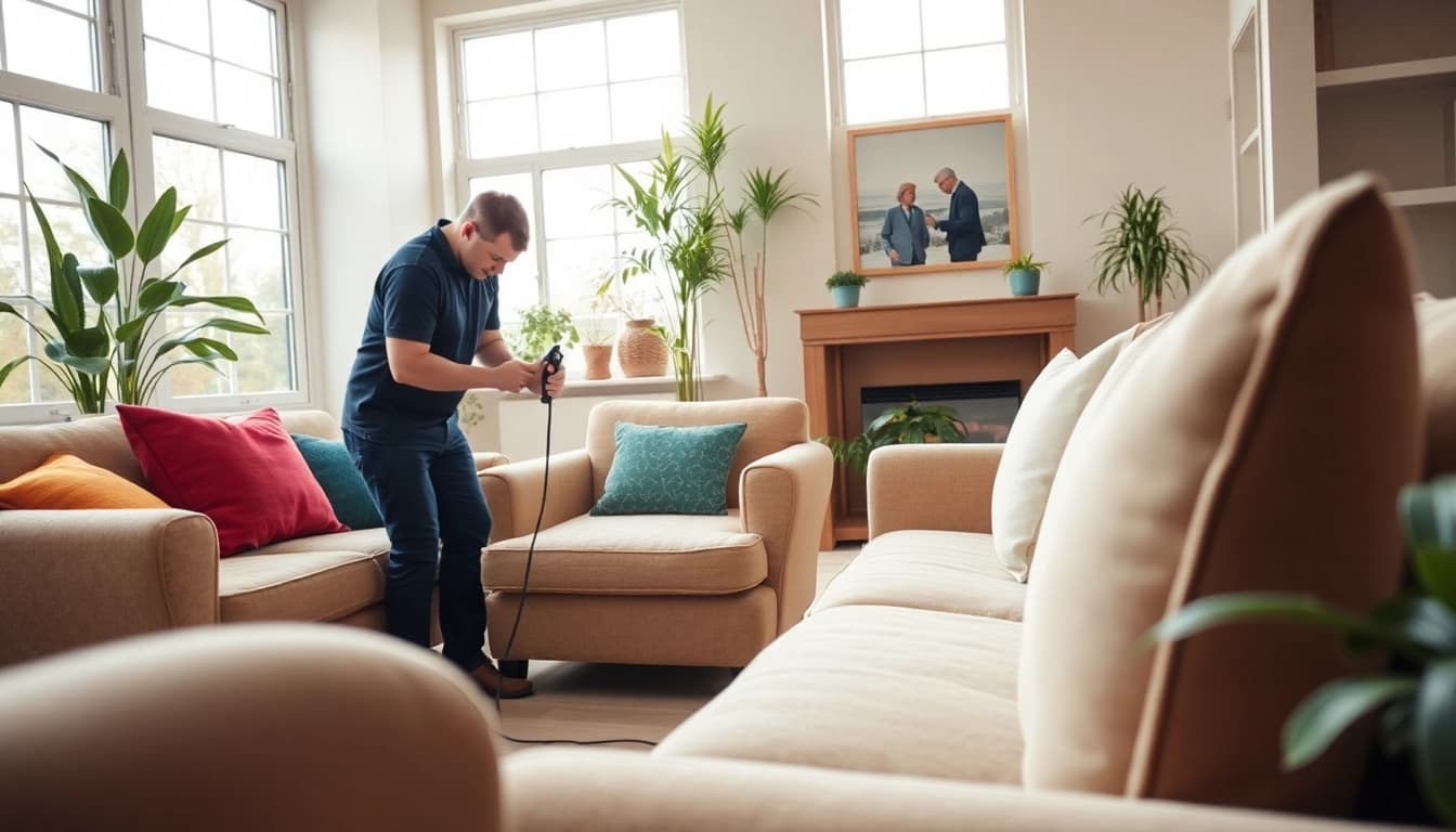 Upholstery cleaning in Glasgow showcasing a professional technician in a bright living room.