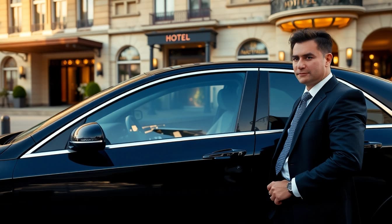 Chauffeur Nottingham offering luxury transportation in front of a stylish hotel.