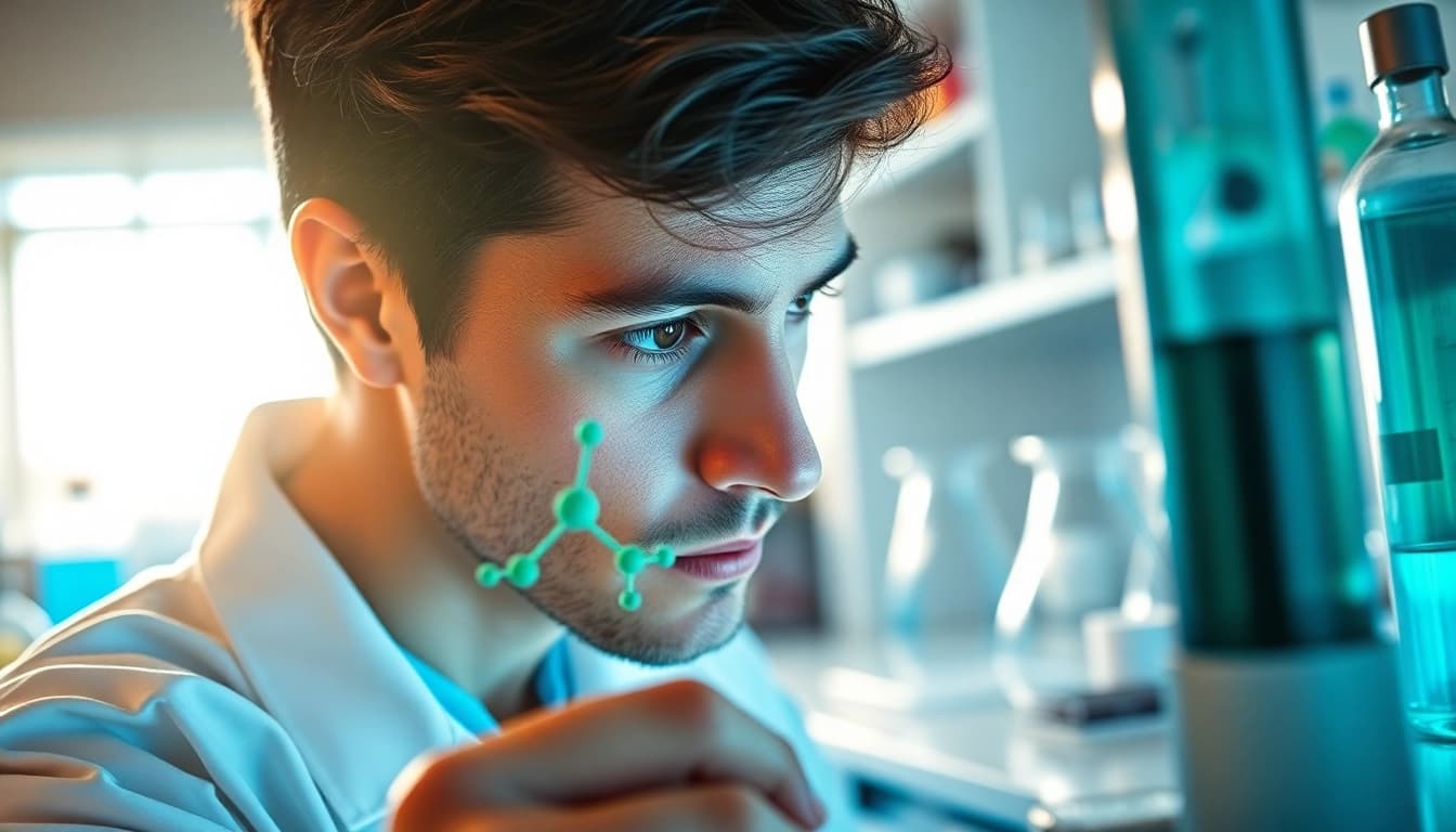 Analyzing Peptides UK in a vibrant laboratory setting with colorful chemical structures.