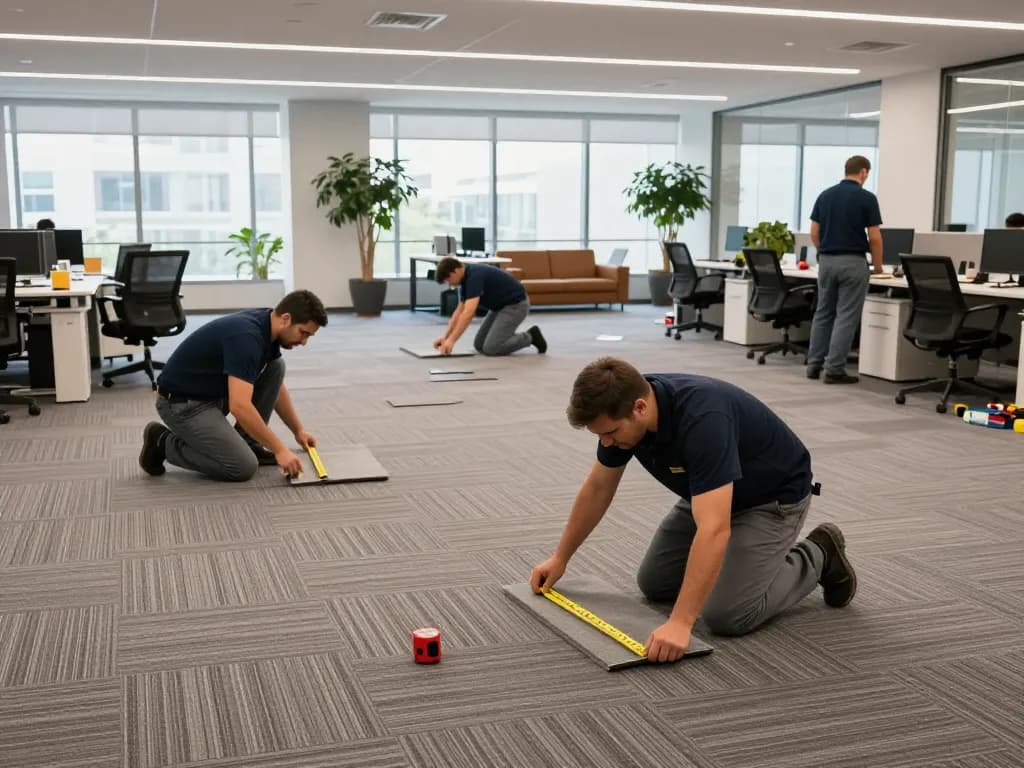 Commercial carpet installation in progress with installers laying down high-quality carpet in a bright office