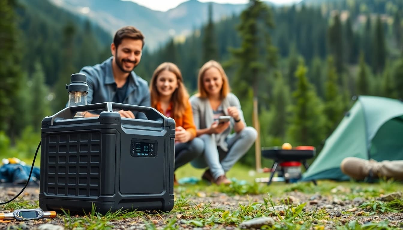 Powering devices with EcoFlow in a scenic camping setup surrounded by nature.
