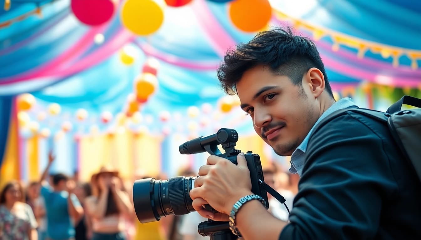 Capture of a videographer in action, emphasizing video capture at an outdoor celebration