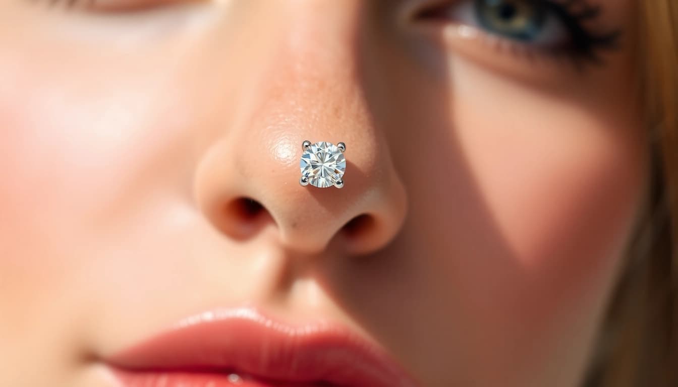 Showcasing a stunning diamond nose stud that enhances the model's facial features.