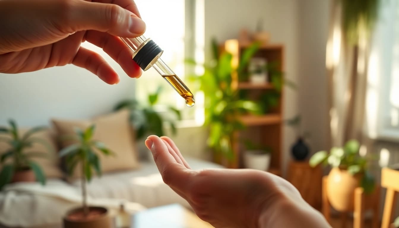 Best CBD oil for pain management UK with a person applying oil in a serene home setting.