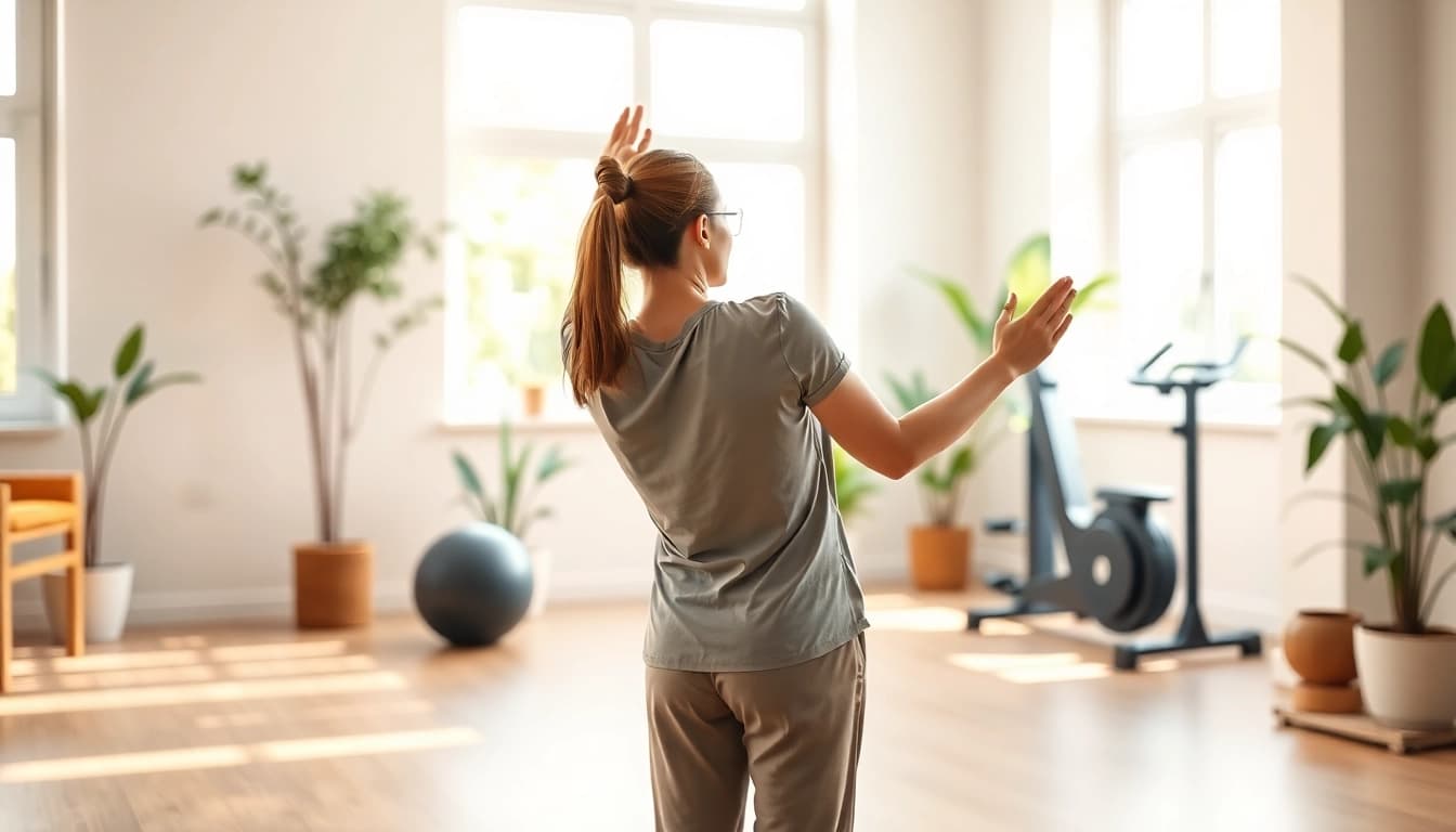 Learn how to get rid of back pain by watching a professional guide stretches in a bright clinic.