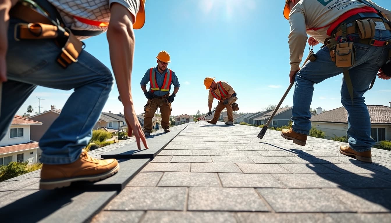 Roofing company team expertly installing shingles on a home.
