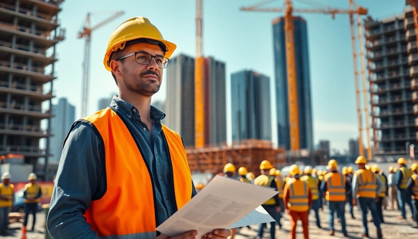 New Jersey Construction Manager directing a team at a vibrant construction site.