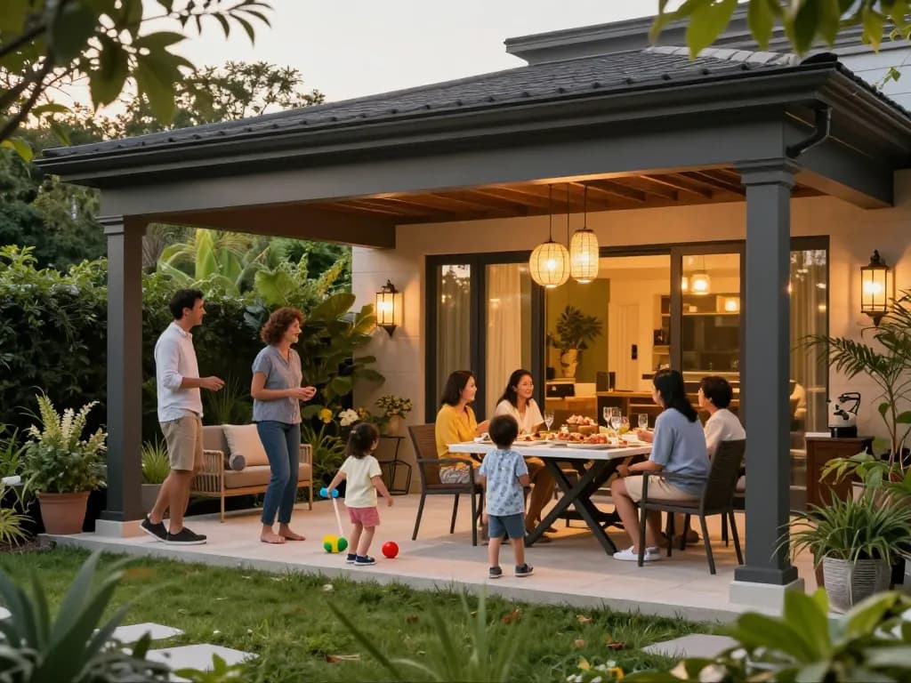 Outdoor family gathering showcasing a stylish veranda configurator design with glass panels and greenery.