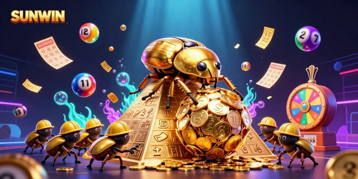 SUNWIN unleashes vibrant gameplay with colorful lottery balls and golden coins flying around a massive beetle.