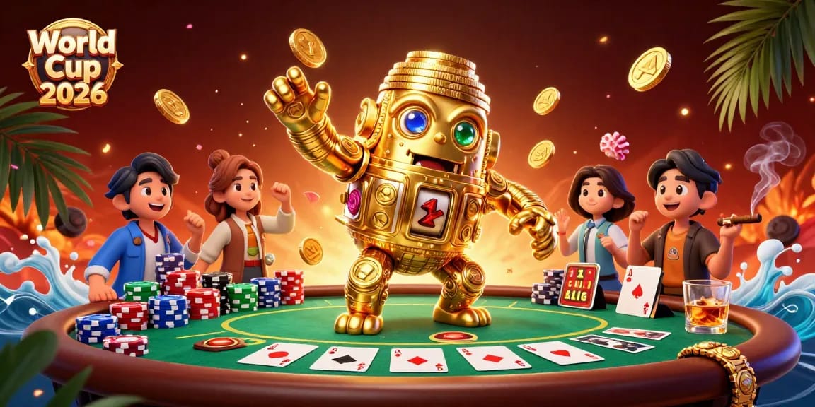 Experience the excitement of World Cup 2026 with a vibrant illustration featuring a golden golem and poker elements.