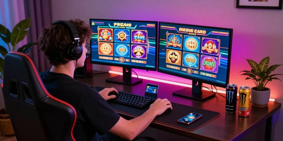 Online gaming enthusiast at a credit card casino playing on https://scoarch.org.uk with vibrant atmosphere and dual monitors.