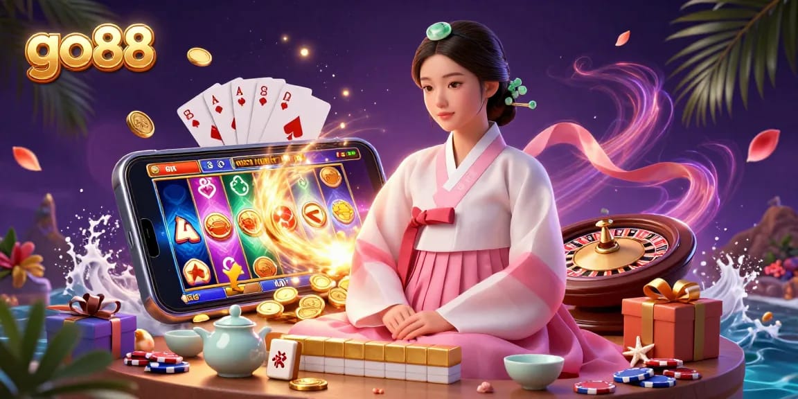 Experience thrilling gameplay with go88, featuring a serene woman in traditional attire and exciting casino elements.