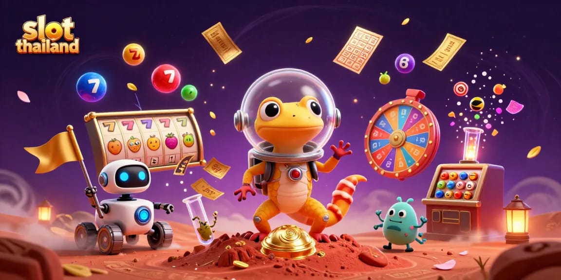 Experience vibrant slot thailand action with a Martian gecko and colorful casino elements.