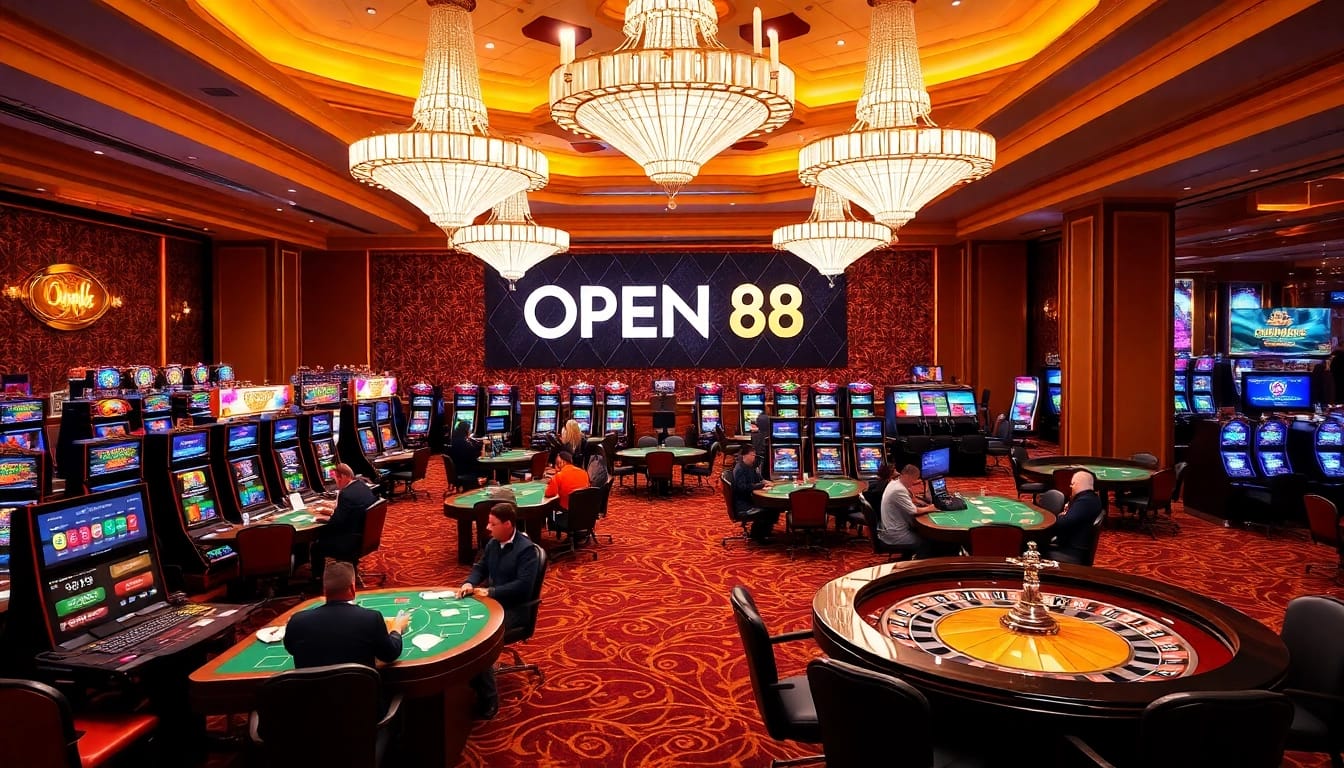 Players enjoying games at OPEN88 casino, with vibrant atmosphere and luxurious setting.