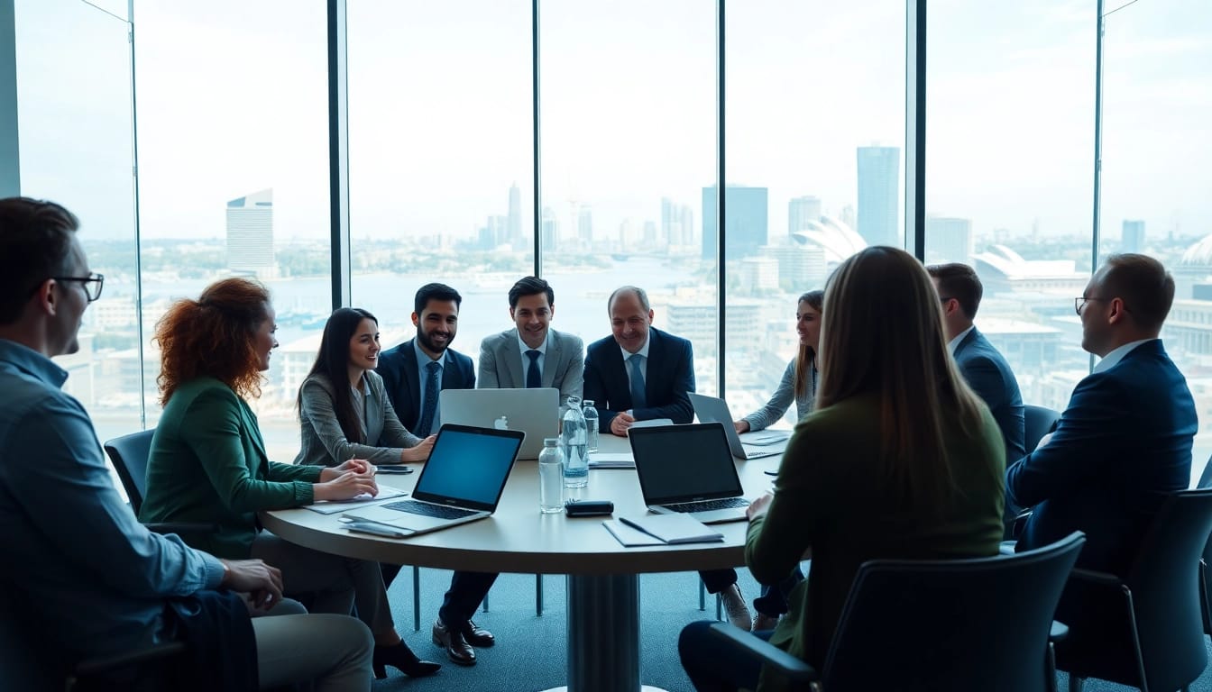 Engaged professionals in a business setting discussing strategies related to Australia.