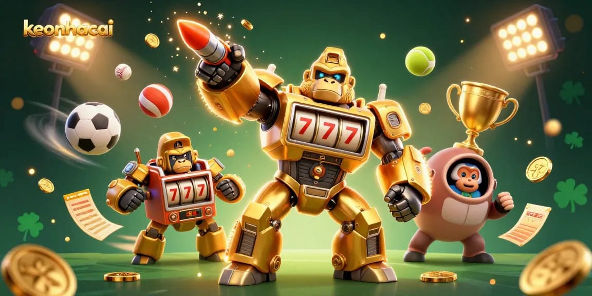 Engage with keonhacai's dynamic gaming scene featuring a golden gorilla mech amidst flying sports elements and dazzling coins.