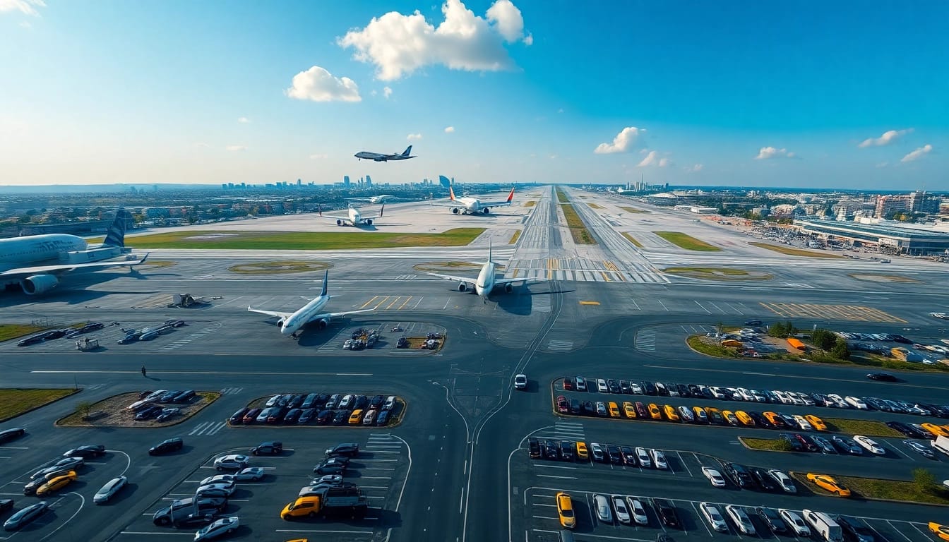 Dynamic aerial view of City airport showcasing airplanes and bustling runways.