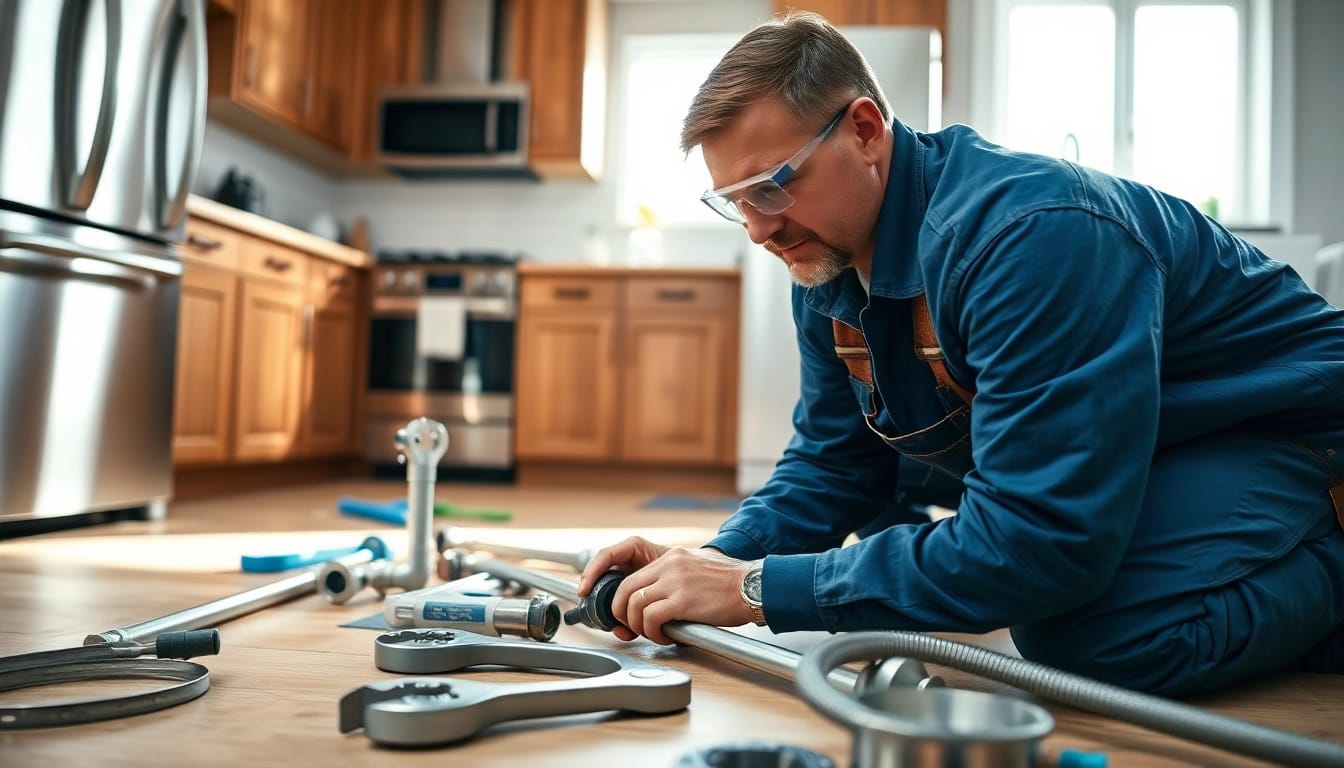 Find a reliable plumber near me fixing pipes in a modern kitchen.