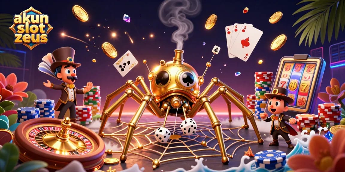 Engage with the akun slot zeus characters in a dynamic, colorful 3D casino illustration featuring playful gaming elements.