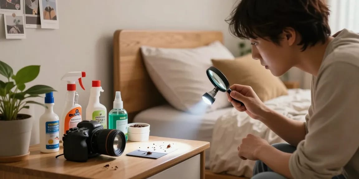 Home bedroom scene with a person inspecting for bed bug pest control signs, showcasing treatment products.