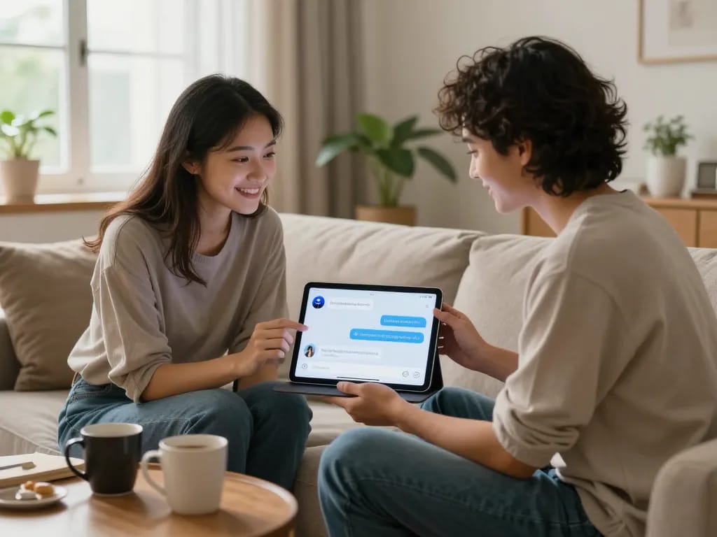 Couple interacting with sex AI on a tablet in a cozy living room setting.