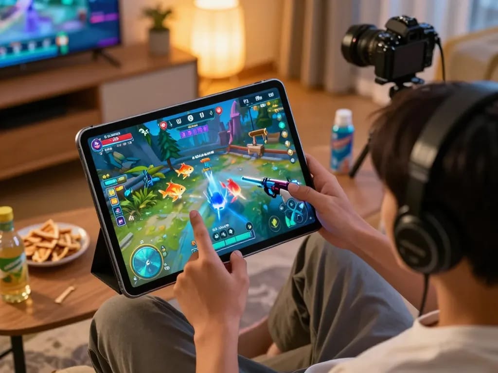 Player enjoying the game bắn cá đổi thưởng on a tablet, surrounded by snacks and a cozy atmosphere.