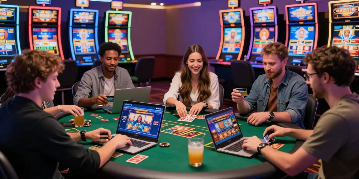 Exciting gaming experience at credit card casinos at https://troyuk.co.uk with diverse players engaging at vibrant tables and online interfaces.