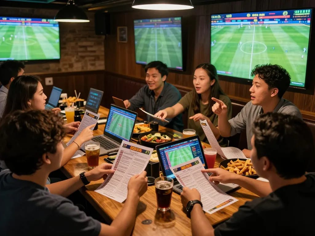 Kèo nhà cái 5 action during a lively sports betting night with friends discussing odds and live games.