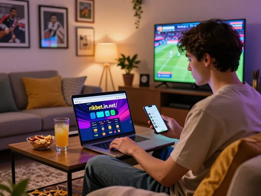 Engaging young adult on https://rikbet.in.net/ enjoying online betting in a cozy home setting.