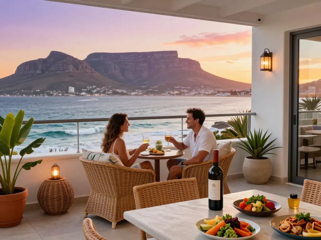Inviting Airbnb management Cape Town setting with couple enjoying drinks on a balcony overlooking the ocean and Table Mountain.