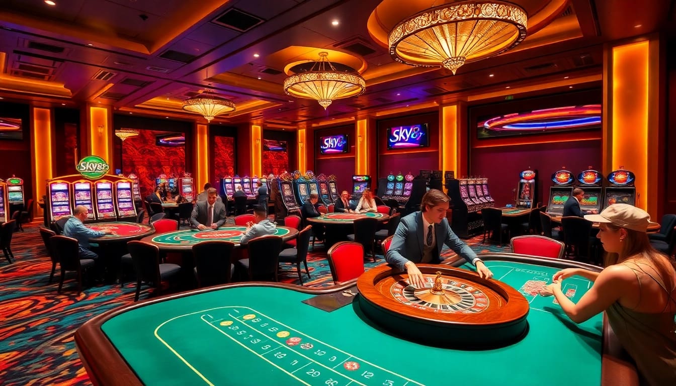 Experience the thrill of winning at SKY88 casino with players celebrating their luck at tables.