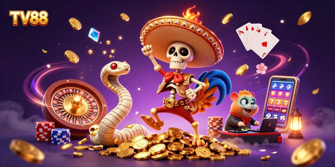 Experience thrilling wins at TV88 with animated characters celebrating on golden coins during a high-stakes casino game.