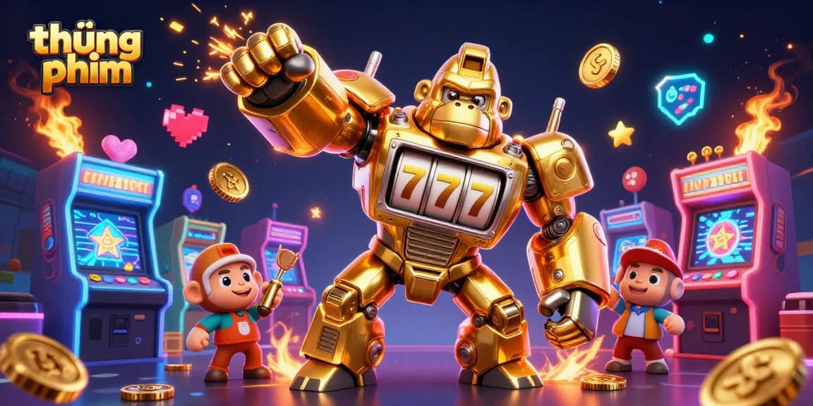 Engage with thúng phim, featuring a golden gorilla mech themed around gambling excitement and casino gameplay.