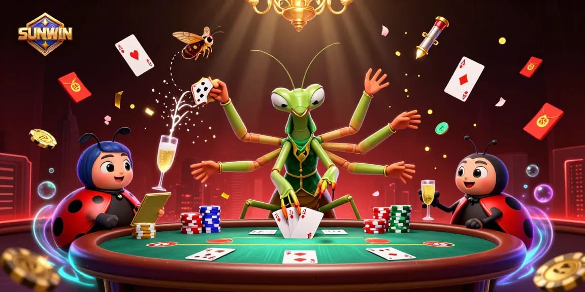 SUNWIN showcases a dynamic scene with a giant praying mantis card sharp, ladybug pit boss, and vibrant gaming elements.
