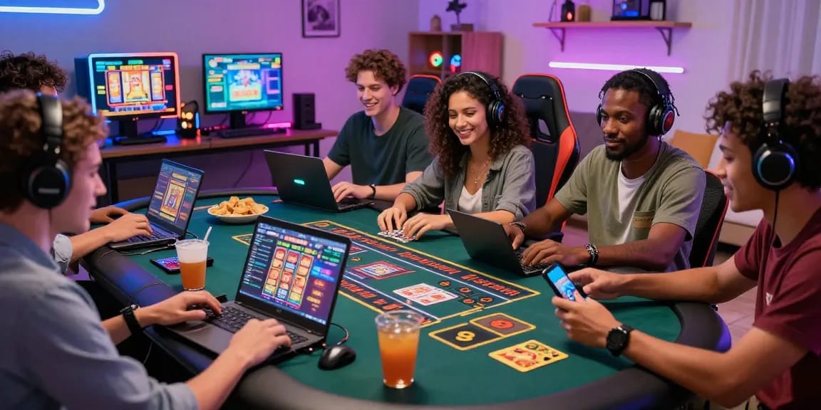 Friends enjoying xocdia 88 online gaming with laptops and vibrant lights, capturing excitement and community.