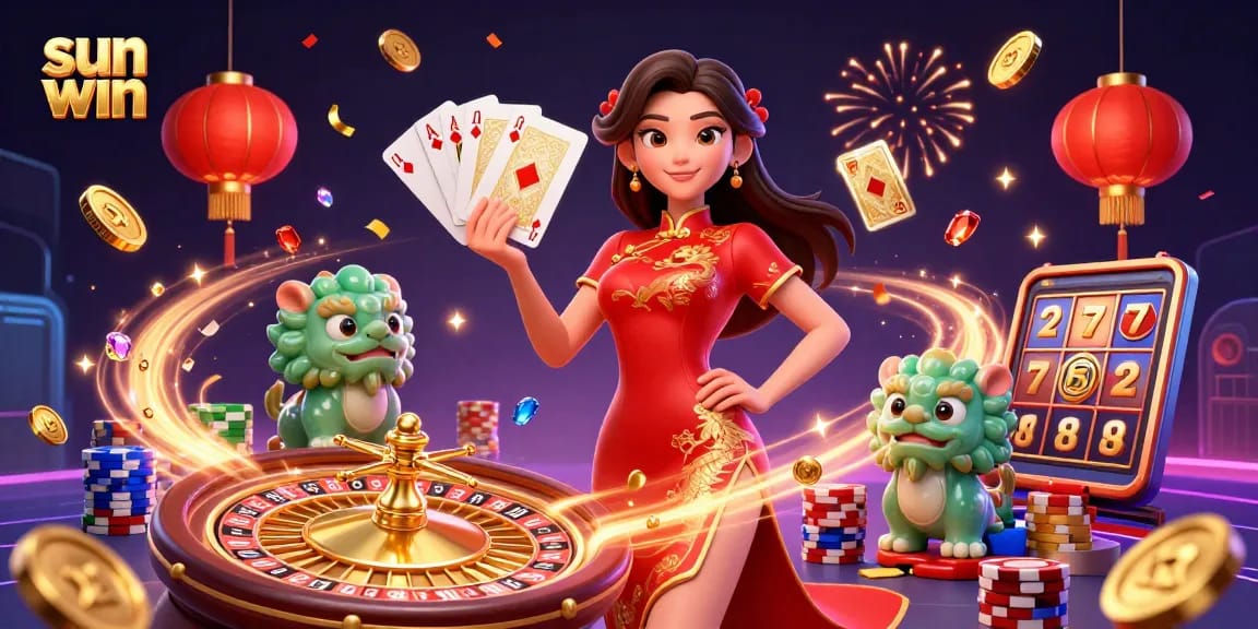Activate thrilling jackpots with sun win as a graceful woman showcases golden cards in a lively casino.