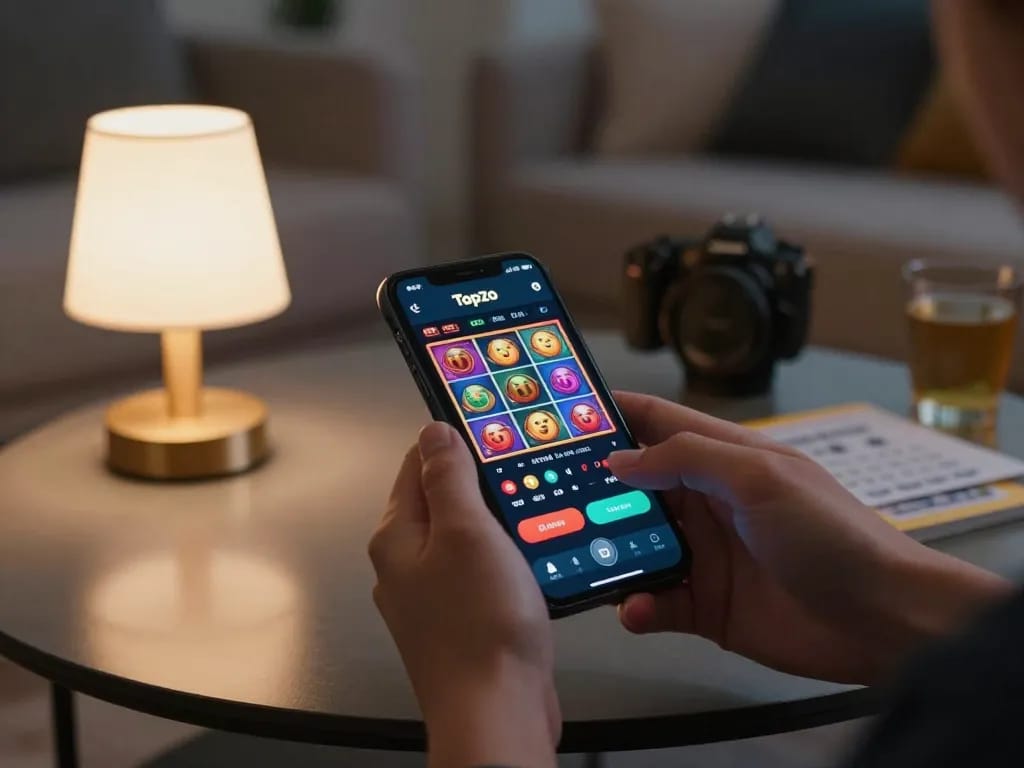 Topzo gaming app showcased on smartphone screen during an evening online casino session, emphasizing strategic gaming.