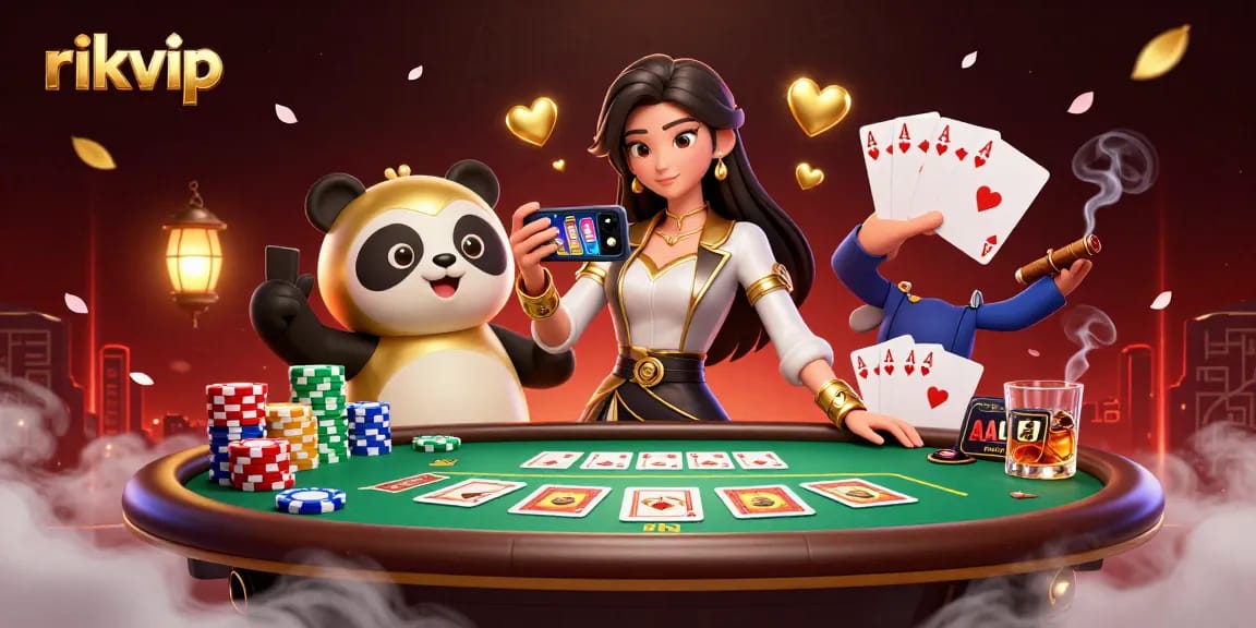 Engage in exciting game action at rikvip with an elegant dealer and a cheerful panda mascot capturing moments.