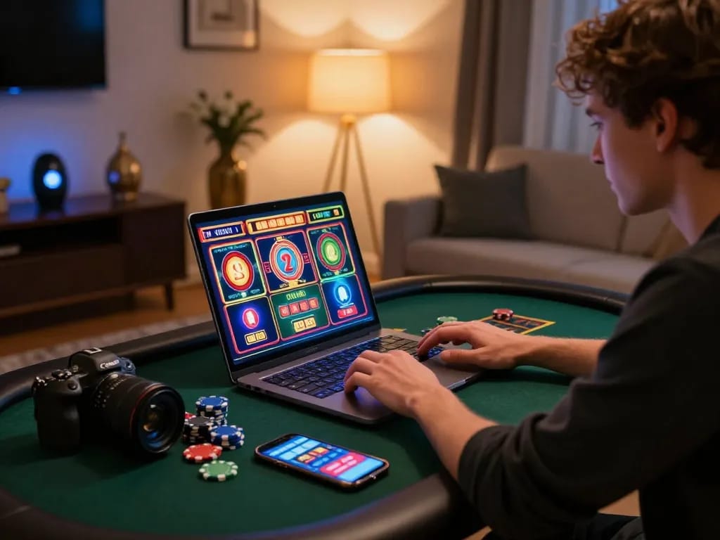Player engaging in slot games on tg88 during an exciting online casino session with vibrant decor.