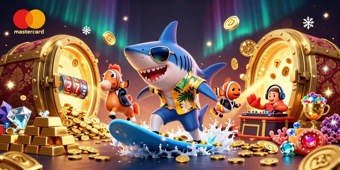 Experience online gaming excitement with mastercard casinos through a festive underwater scene.