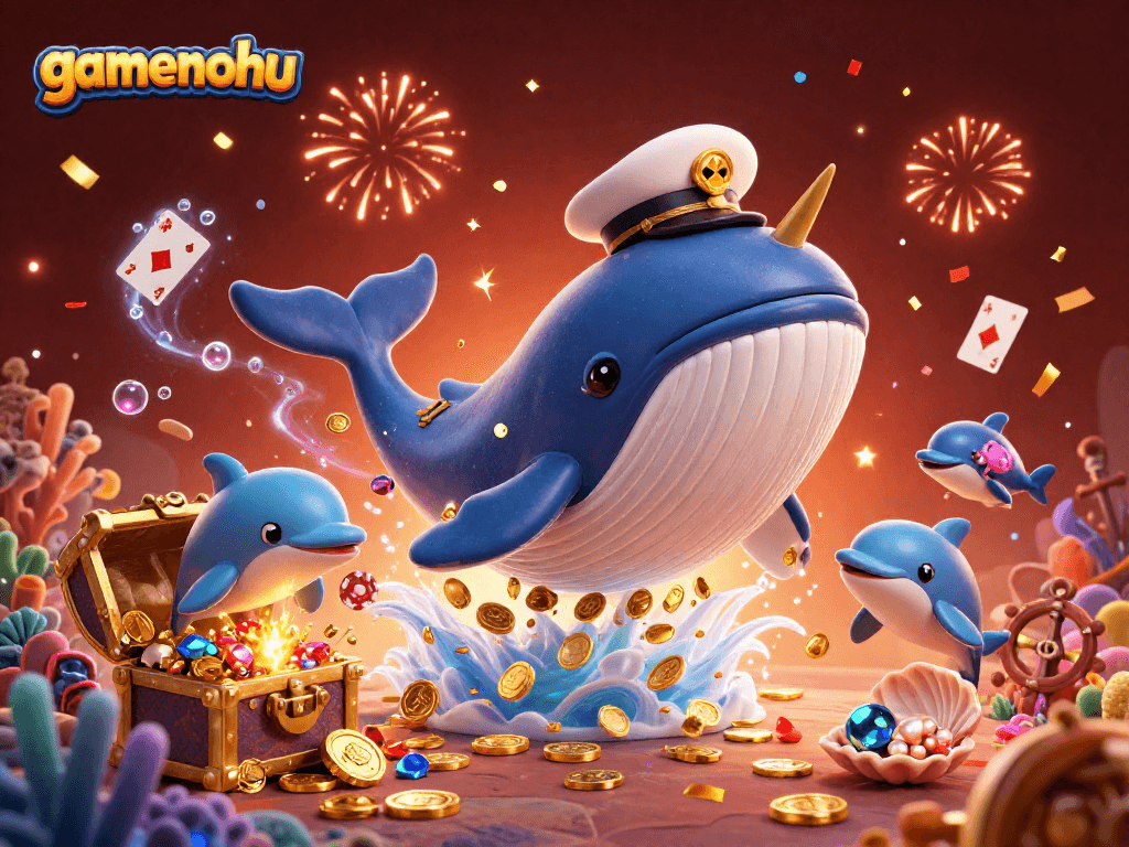 Experience gamenohu excitement as a cartoon whale celebrates with coins, poker chips, and vibrant underwater elements.