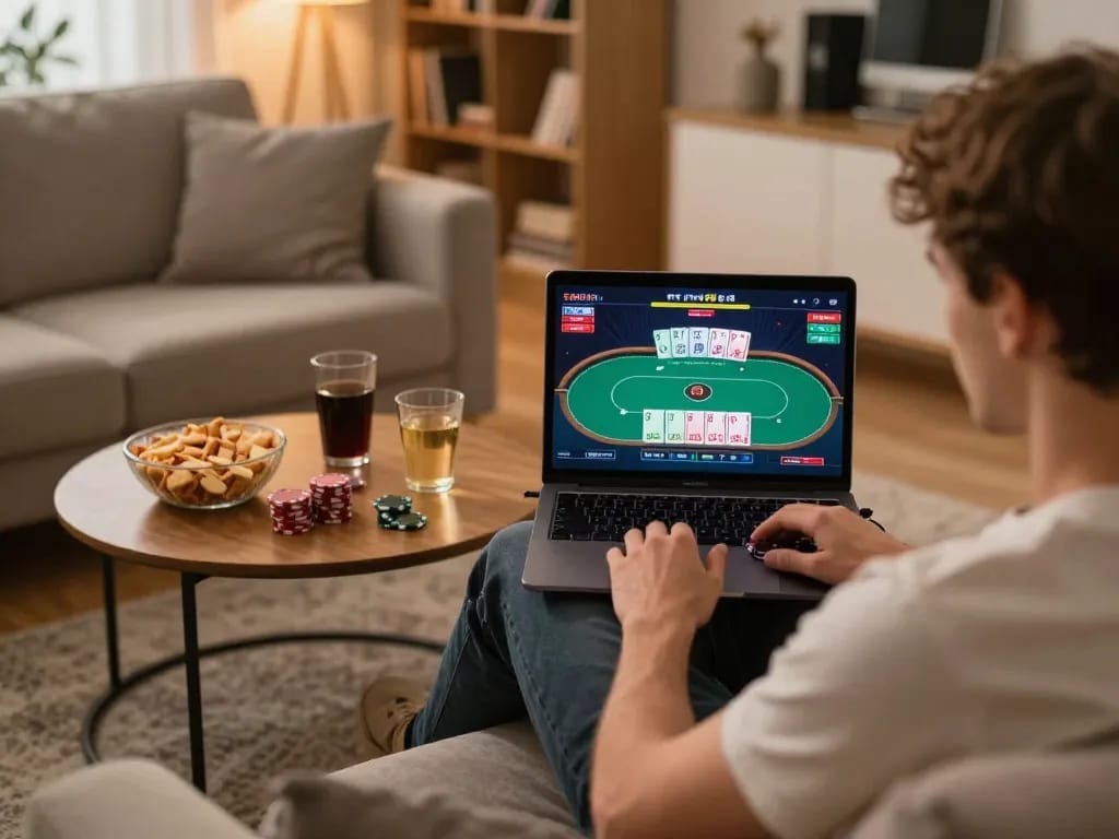 Enjoying a comfortable gaming session with link 188bet moi nhat displayed on laptop, engaging in poker strategy.