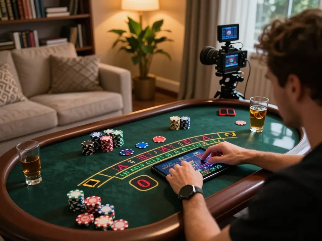 Engaging in blackjack gameplay on a tablet at home, showcasing 777x interface and cozy environment.