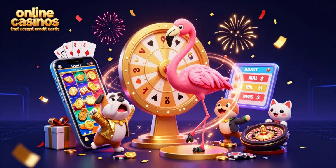 Enjoy the excitement at online casinos that accept credit cards with characters celebrating around casino elements.