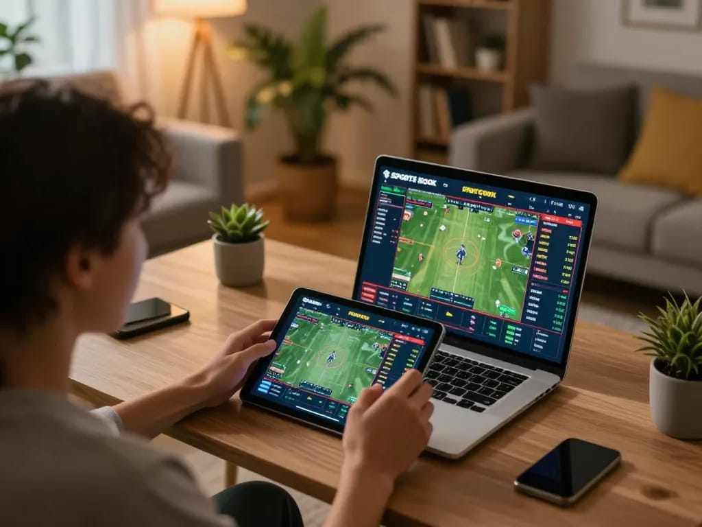 Engaging in live betting on VK88, a person analyzes statistics on tablet in a cozy home setting, capturing excitement in online gambling.